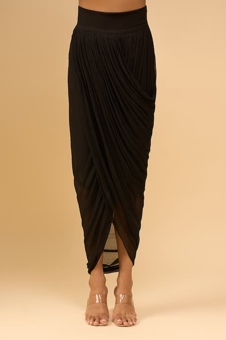 Shop_Anamika Khanna_Black Beads, Sequins Round Neck Draped Skirt Set _Online_at_Aza_Fashions
