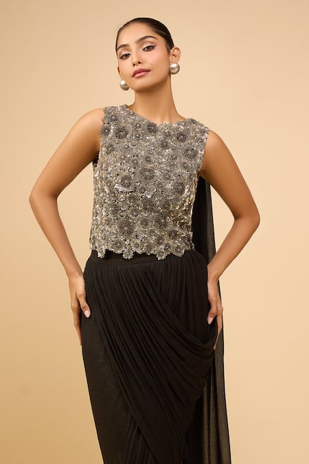 Buy_Anamika Khanna_Black Beads, Sequins Round Neck Draped Skirt Set 