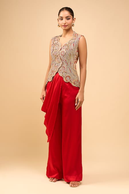 Anamika Khanna Beige Embroidery V-neck Red Waistcoat And Pant Set Online at Aza Fashions Anamika Khanna_Beige Embroidery V-neck Red Waistcoat And Pant Set _Online_at_Aza_Fashions