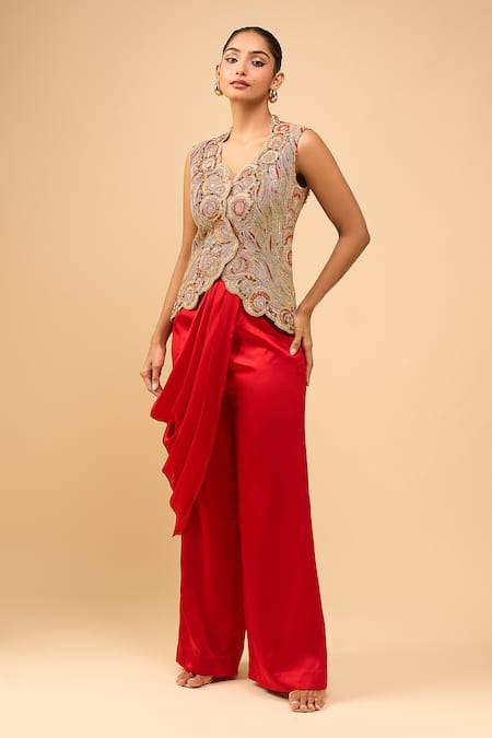 Shop Anamika Khanna Beige Embroidery V-neck Red Waistcoat And Pant Set Online at Aza Fashions Shop_Anamika Khanna_Beige Embroidery V-neck Red Waistcoat And Pant Set _Online_at_Aza_Fashions