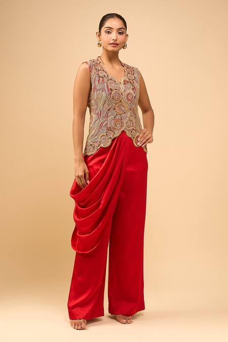 Anamika Khanna Beige Embroidery V-neck Red Waistcoat And Pant Set at Aza Fashions Anamika Khanna_Beige Embroidery V-neck Red Waistcoat And Pant Set _at_Aza_Fashions