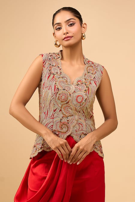 Buy Anamika Khanna Beige Embroidery V-neck Red Waistcoat And Pant Set Buy_Anamika Khanna_Beige Embroidery V-neck Red Waistcoat And Pant Set