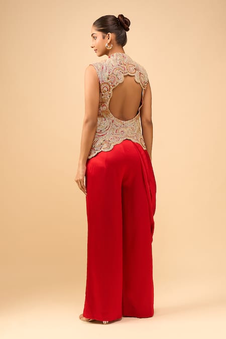 Anamika Khanna Embroidered Red Waistcoat & Pant Set 