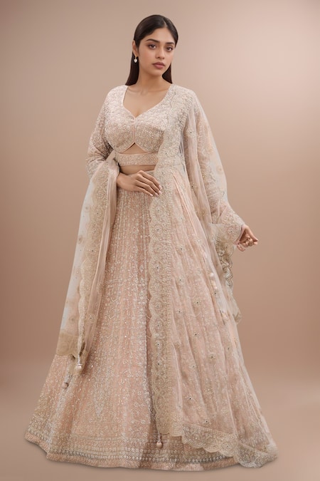 Samyukta Singhania Peach Net Sequins, Pearls Floral Embroidered Lehenga Set 