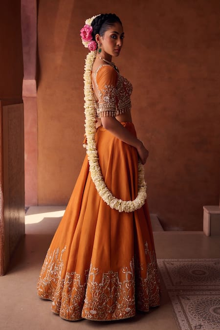 Buy_Kapda Dori_Rust Tissue Sequins, Pearls Sweetheart Neck Orange Embellished Lehenga Set _Online_at_Aza_Fashions