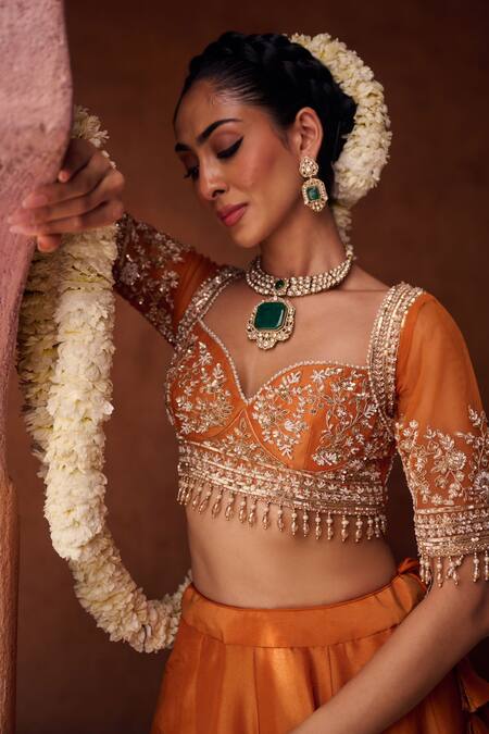 Shop_Kapda Dori_Rust Tissue Sequins, Pearls Sweetheart Neck Orange Embellished Lehenga Set _Online_at_Aza_Fashions
