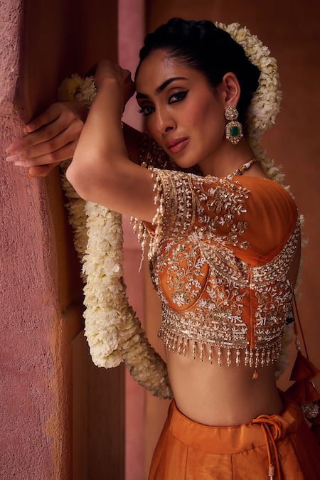 Kapda Dori_Rust Tissue Sequins, Pearls Sweetheart Neck Orange Embellished Lehenga Set _at_Aza_Fashions