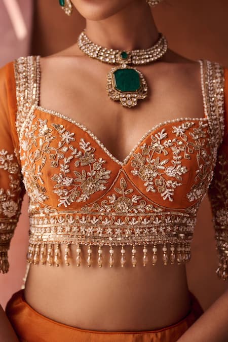 Buy_Kapda Dori_Rust Tissue Sequins, Pearls Sweetheart Neck Orange Embellished Lehenga Set 