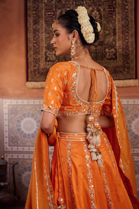 Kapda Dori_Rust Mirrors, Sequins, Pearls Round Neck Orange Banarsi Silk Lehenga Set _Online_at_Aza_Fashions