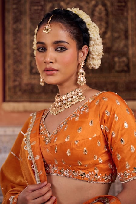 Buy_Kapda Dori_Rust Mirrors, Sequins, Pearls Round Neck Orange Banarsi Silk Lehenga Set _Online_at_Aza_Fashions