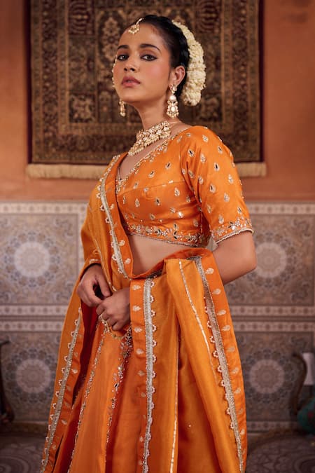 Shop_Kapda Dori_Rust Mirrors, Sequins, Pearls Round Neck Orange Banarsi Silk Lehenga Set _Online_at_Aza_Fashions