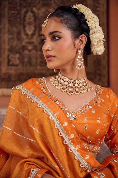 Kapda Dori_Rust Mirrors, Sequins, Pearls Round Neck Orange Banarsi Silk Lehenga Set _at_Aza_Fashions