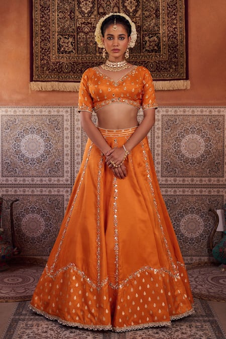 Buy_Kapda Dori_Rust Mirrors, Sequins, Pearls Round Neck Orange Banarsi Silk Lehenga Set 
