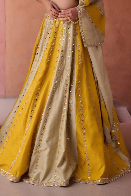 Buy_Kapda Dori_Silk, Organza Sequins Halter Neck Sage Green And Mustard Designer Lehenga Set _Online_at_Aza_Fashions