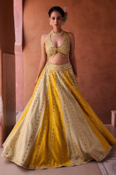 Shop_Kapda Dori_Silk, Organza Sequins Halter Neck Sage Green And Mustard Designer Lehenga Set _Online_at_Aza_Fashions