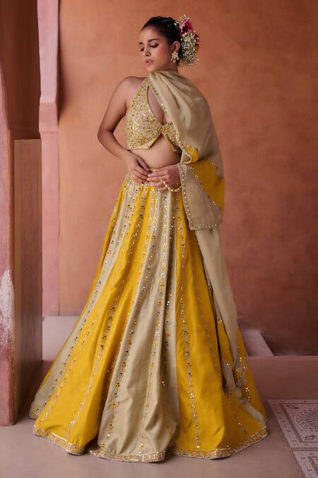 Kapda Dori_Silk, Organza Sequins Halter Neck Sage Green And Mustard Designer Lehenga Set _at_Aza_Fashions