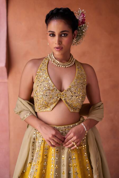 Buy_Kapda Dori_Silk, Organza Sequins Halter Neck Sage Green And Mustard Designer Lehenga Set 