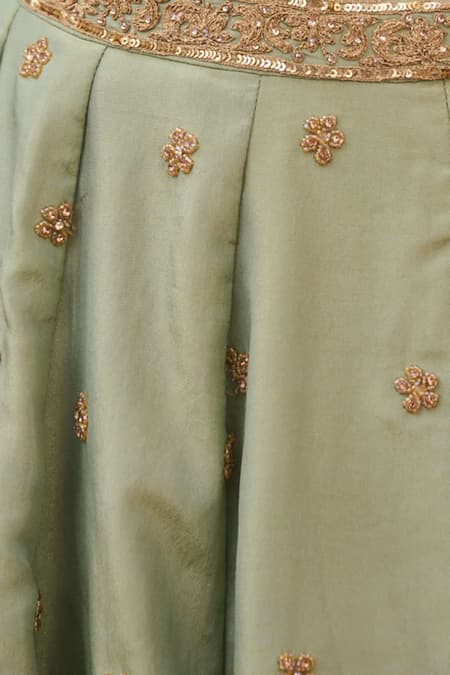 Kapda Dori_Mint Pearls, Sequins, Stones Sweetheart Neck Green Designer Lehenga Set _Online_at_Aza_Fashions