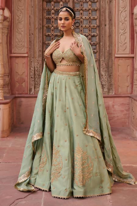 Kapda Dori Mint Pearls, Sequins, Stones Sweetheart Neck Green Designer Lehenga Set