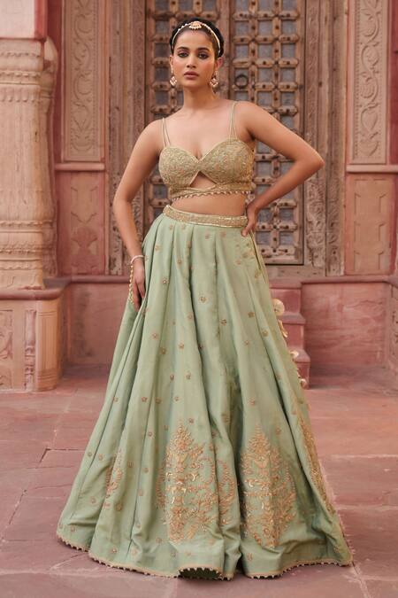 Buy_Kapda Dori_Mint Pearls, Sequins, Stones Sweetheart Neck Green Designer Lehenga Set _Online_at_Aza_Fashions