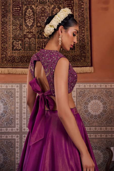 Kapda Dori_Purple Sequins, Beads, Embroidery Designer Resham Embellished Lehenga Set _Online_at_Aza_Fashions