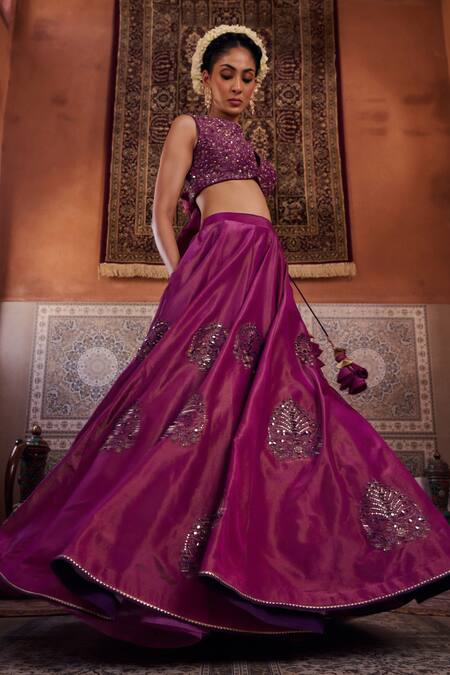 Buy_Kapda Dori_Purple Sequins, Beads, Embroidery Designer Resham Embellished Lehenga Set _Online_at_Aza_Fashions