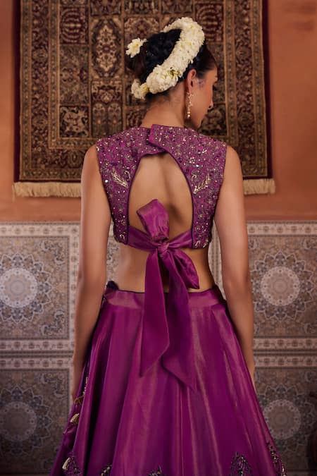 Shop_Kapda Dori_Purple Sequins, Beads, Embroidery Designer Resham Embellished Lehenga Set _Online_at_Aza_Fashions