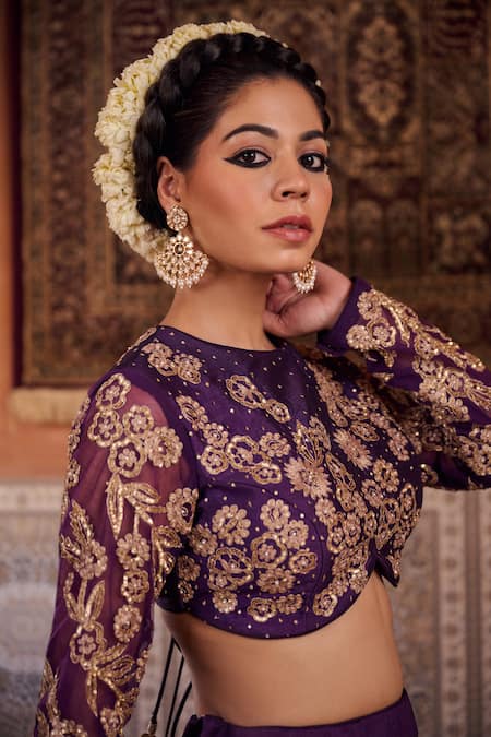 Buy_Kapda Dori_Purple Organza, Silk Pearls, Sequins Round Neck Designer Lehenga Set _Online_at_Aza_Fashions