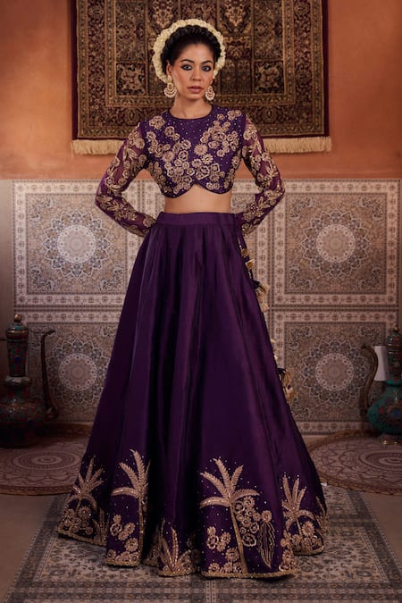 Shop_Kapda Dori_Purple Organza, Silk Pearls, Sequins Round Neck Designer Lehenga Set _Online_at_Aza_Fashions