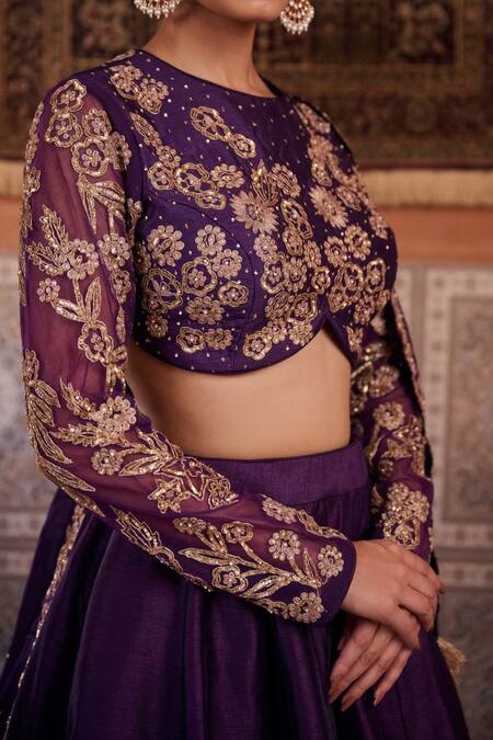 Kapda Dori_Purple Organza, Silk Pearls, Sequins Round Neck Designer Lehenga Set _at_Aza_Fashions