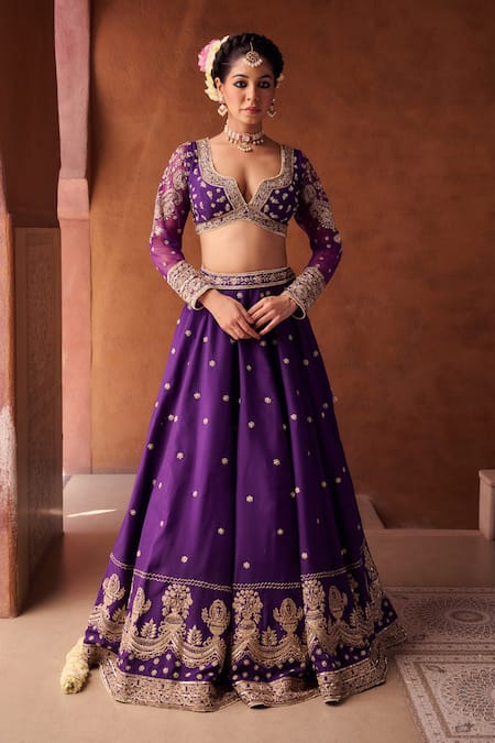 Buy_Kapda Dori_Purple Georgette Sequins, Pearls Round Neck Dori And Lehenga Set _Online_at_Aza_Fashions