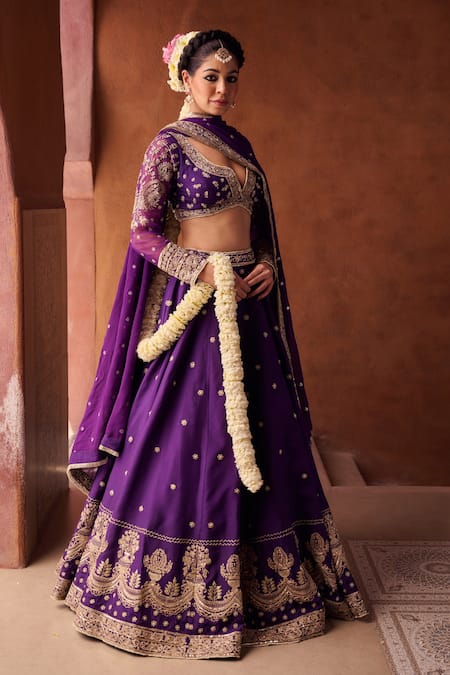 Kapda Dori_Purple Georgette Sequins, Pearls Round Neck Dori And Lehenga Set _at_Aza_Fashions