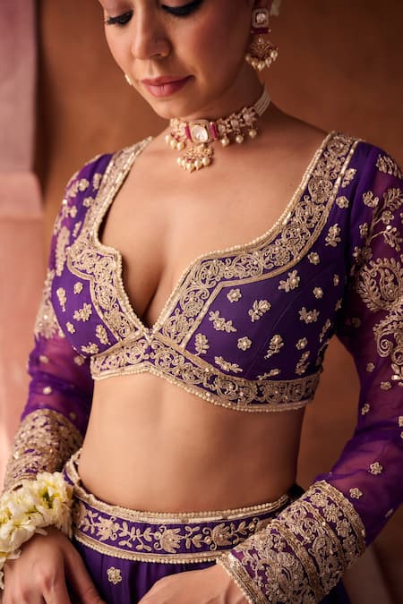 Shop_Kapda Dori_Purple Georgette Sequins, Pearls Round Neck Dori And Lehenga Set 