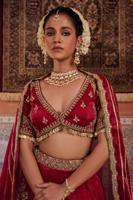 Kapda Dori_Maroon Sequins, Stones, Embroidery V-neck Designer Lehenga Set _Online_at_Aza_Fashions