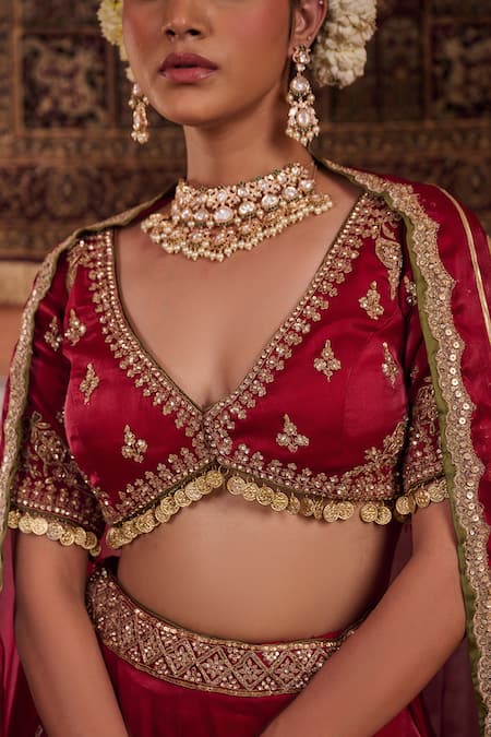 Buy_Kapda Dori_Maroon Sequins, Stones, Embroidery V-neck Designer Lehenga Set _Online_at_Aza_Fashions