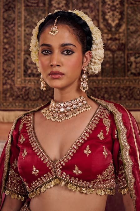 Shop_Kapda Dori_Maroon Sequins, Stones, Embroidery V-neck Designer Lehenga Set _Online_at_Aza_Fashions