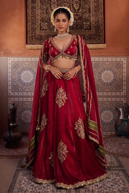 Kapda Dori Maroon Sequins, Stones, Embroidery V-neck Designer Lehenga Set 