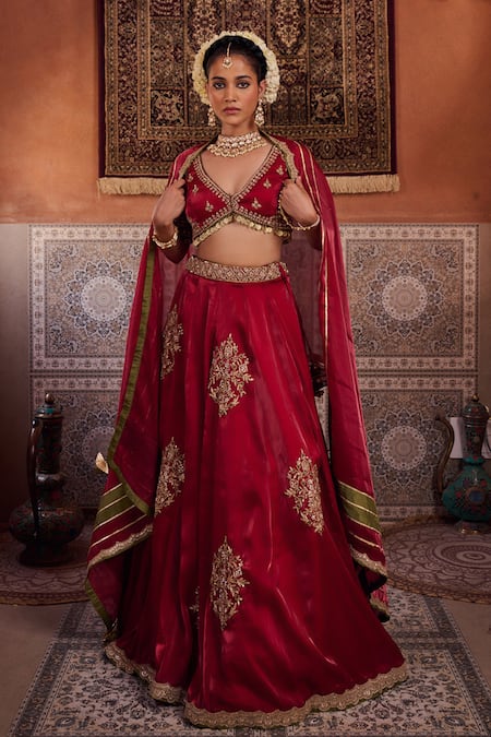 Buy_Kapda Dori_Maroon Sequins, Stones, Embroidery V-neck Designer Lehenga Set 
