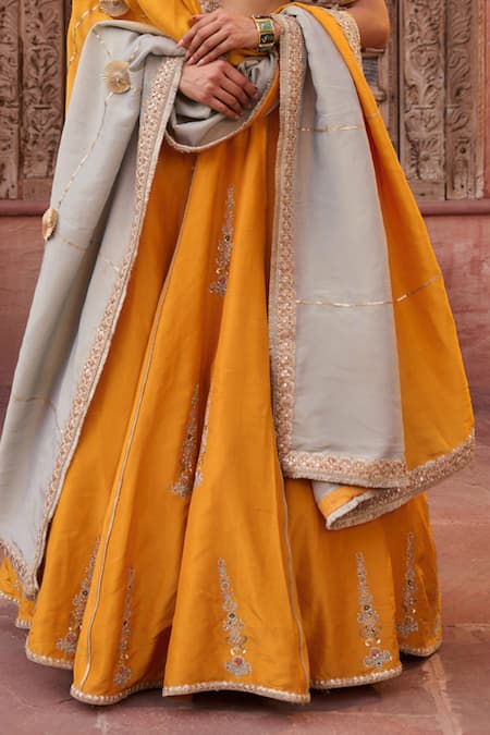 Kapda Dori_Mustard Organza Sequins, Pearls, Beads Powder Blue And Yellow Lehenga Set _Online_at_Aza_Fashions