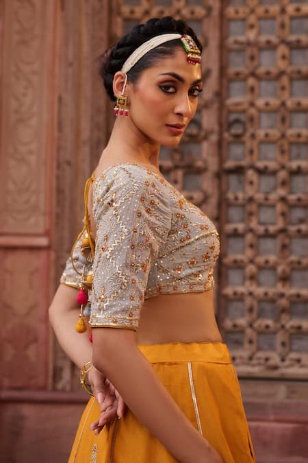 Buy_Kapda Dori_Mustard Organza Sequins, Pearls, Beads Powder Blue And Yellow Lehenga Set _Online_at_Aza_Fashions