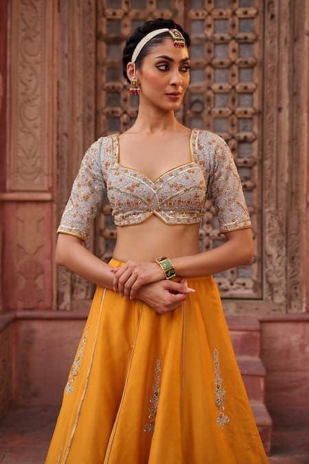 Shop_Kapda Dori_Mustard Organza Sequins, Pearls, Beads Powder Blue And Yellow Lehenga Set _Online_at_Aza_Fashions
