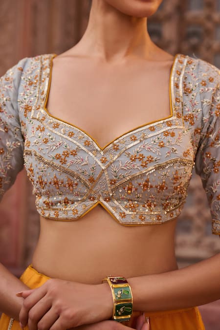 Kapda Dori_Mustard Organza Sequins, Pearls, Beads Powder Blue And Yellow Lehenga Set _at_Aza_Fashions