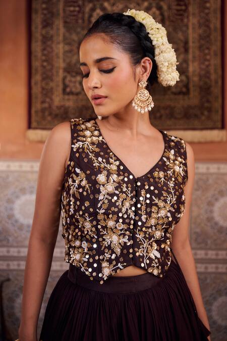 Shop_Kapda Dori_Brown Georgette, Silk Sequins, Pearls, Designer Lehenga Set With Waist Coat _Online_at_Aza_Fashions