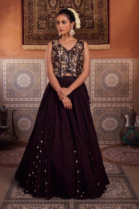 Kapda Dori_Brown Georgette, Silk Sequins, Pearls, Designer Lehenga Set With Waist Coat _at_Aza_Fashions