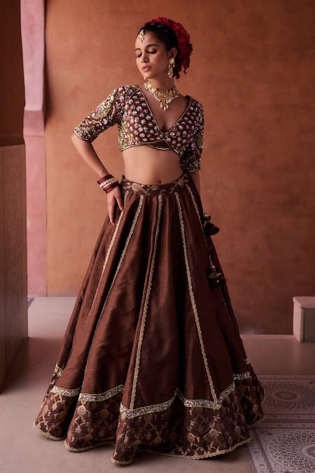 Shop_Kapda Dori_Brown Organza Beads, Sequins, Pearls, Embroidery, Zari V-neck Lehenga Set _Online_at_Aza_Fashions