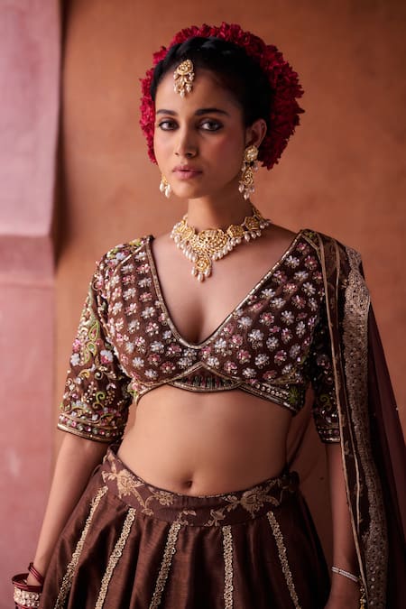 Kapda Dori_Brown Organza Beads, Sequins, Pearls, Embroidery, Zari V-neck Lehenga Set _at_Aza_Fashions