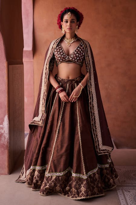 Kapda Dori Brown Organza Beads, Sequins, Pearls, Embroidery, Zari V-neck Lehenga Set 