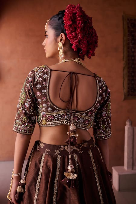 Shop_Kapda Dori_Brown Organza Beads, Sequins, Pearls, Embroidery, Zari V-neck Lehenga Set 