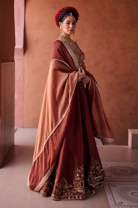 Kapda Dori_Maroon Sequins, Embroidery, Mirrors Plunge Neck Work Lehenga Set _Online_at_Aza_Fashions