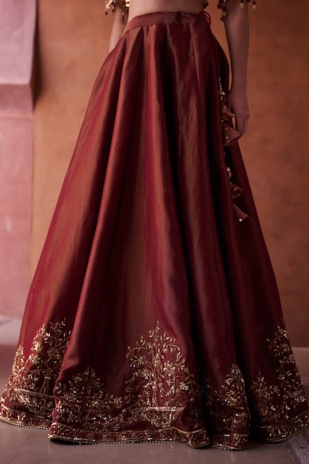 Buy_Kapda Dori_Maroon Sequins, Embroidery, Mirrors Plunge Neck Work Lehenga Set _Online_at_Aza_Fashions